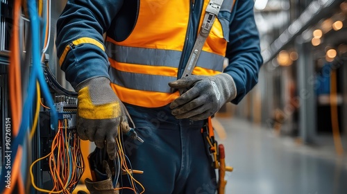 An electrician in safety gear is working with colorful wires in a modern industrial setting, showcasing professionalism and skill.