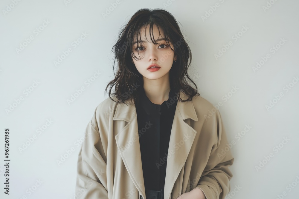 A Japanese woman standing in front of a white backdrop, both hands tucked into her coat pockets, exuding calm confidence. A Japanese woman standing in front of a white backdrop, both hands tucked into her coat pockets, exuding calm confidence.