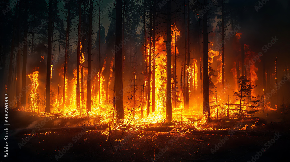 Dramatic night forest fire burning through trees at night with intense orange flames and smoke in dark woodland. HD image Dramatic night forest fire burning through trees at night with intense orange flames and smoke in dark woodland. HD image