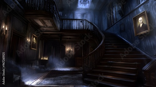 Haunted Mansion Interior with Winding Staircase and Fog