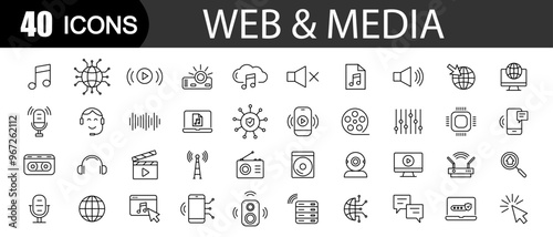 Web and Media icons in line style.    For website marketing design. Editable stroke icons. Vector illustration. photo