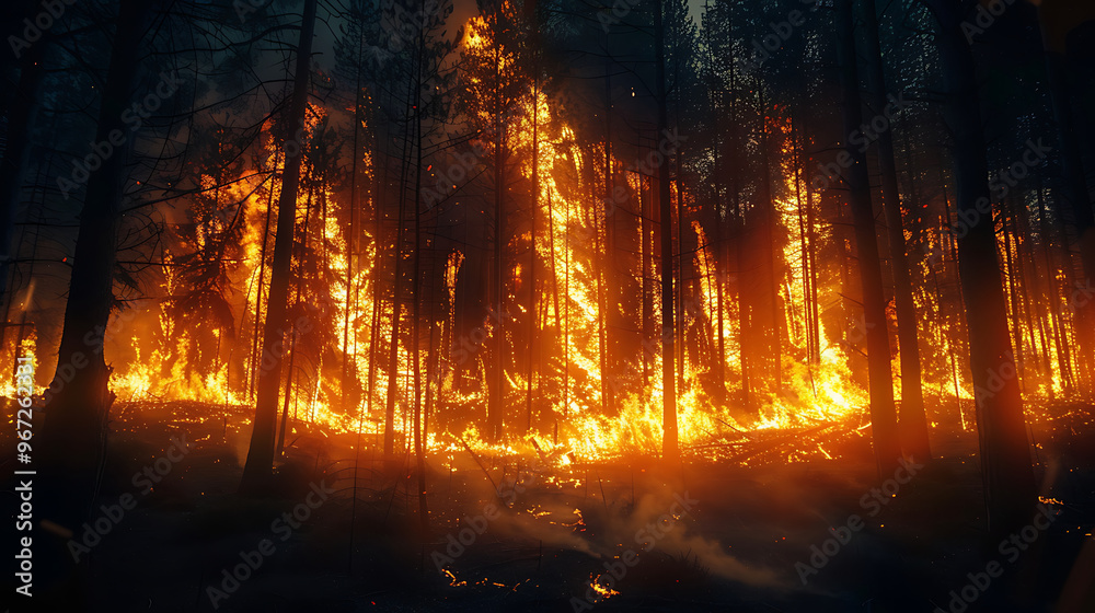 Dramatic night forest fire burning through trees at night with intense orange flames and smoke in dark woodland Dramatic night forest fire burning through trees at night with intense orange flames and smoke in dark woodland