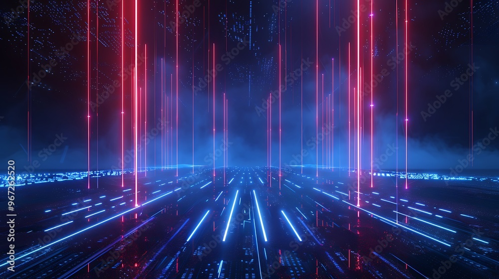 Futuristic digital landscape with glowing blue and red lines illuminating a dark space, creating a high-tech atmosphere. Stage for product presentation. Futuristic digital landscape with glowing blue and red lines illuminating a dark space, creating a high-tech atmosphere. Stage for product presentation.