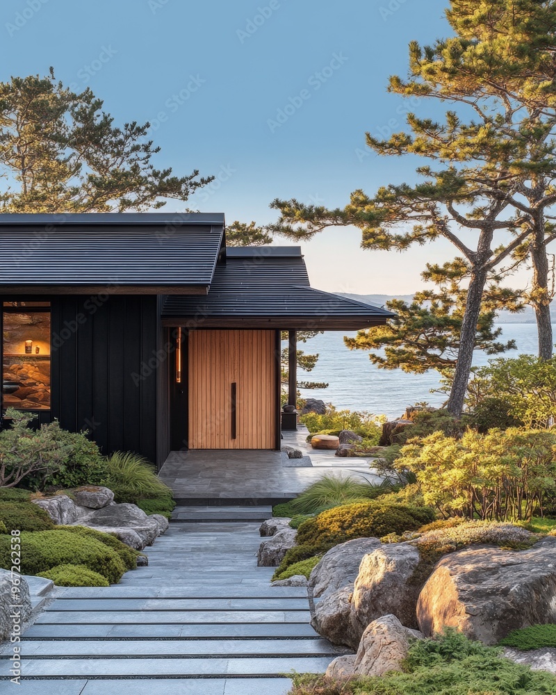 Modern Coastal Home with Stone Path and Tranquil Garden Modern Coastal Home with Stone Path and Tranquil Garden