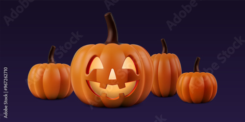 Halloween night pumpkin decor. 3d vector cute character with scary carved smiling face and glowing candle. Spooky orange cartoon horror jack o lantern. Realistic autumn thanksgiving sale funny banner