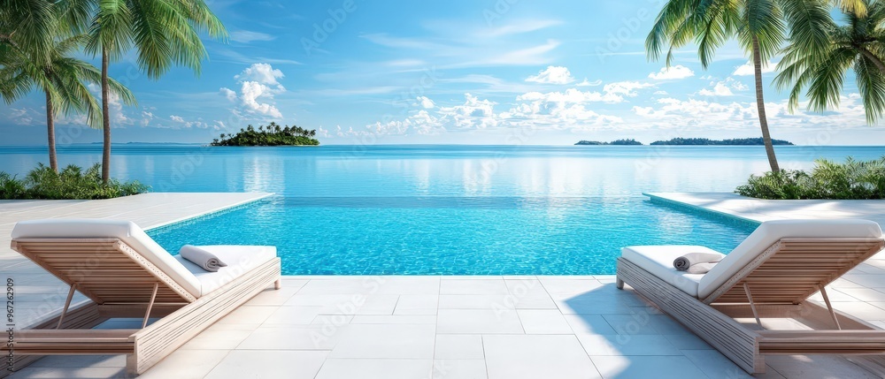Fototapeta premium Luxury Tropical Poolside Relaxation with Stunning Ocean Views and Loungers