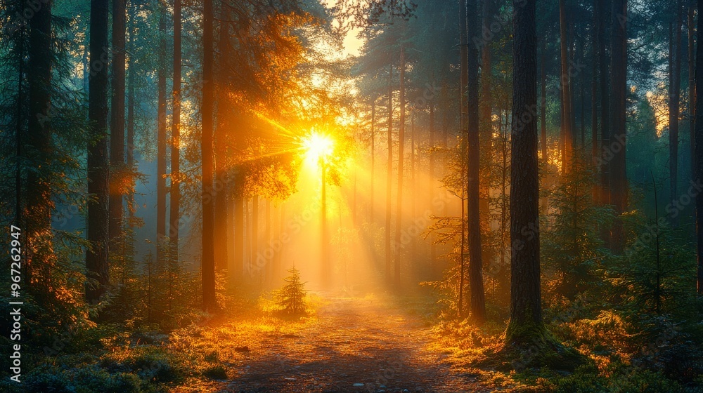 Obraz premium Golden sunlight filters through misty trees in a tranquil forest, lighting up a peaceful woodland path.