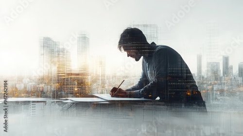 Architectural vision, an architect immersed in sketching a building design, cityscape blending seamlessly with intricate technical drawings in a vibrant double exposure effect