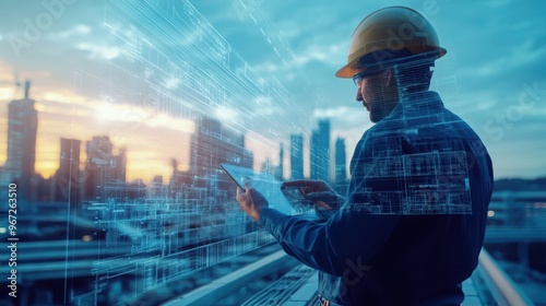 Engineer analyzing technical designs, urban infrastructure concepts blending seamlessly on a tablet, showcasing innovation and vision in city planning and development