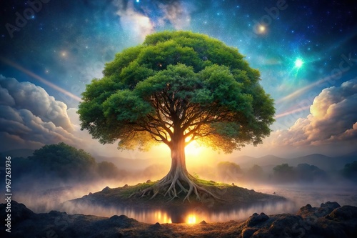 glowing world tree in fantasy magic landscape