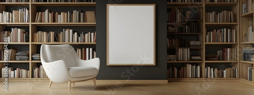 A mockup of an empty, blank poster frame in a modern interior