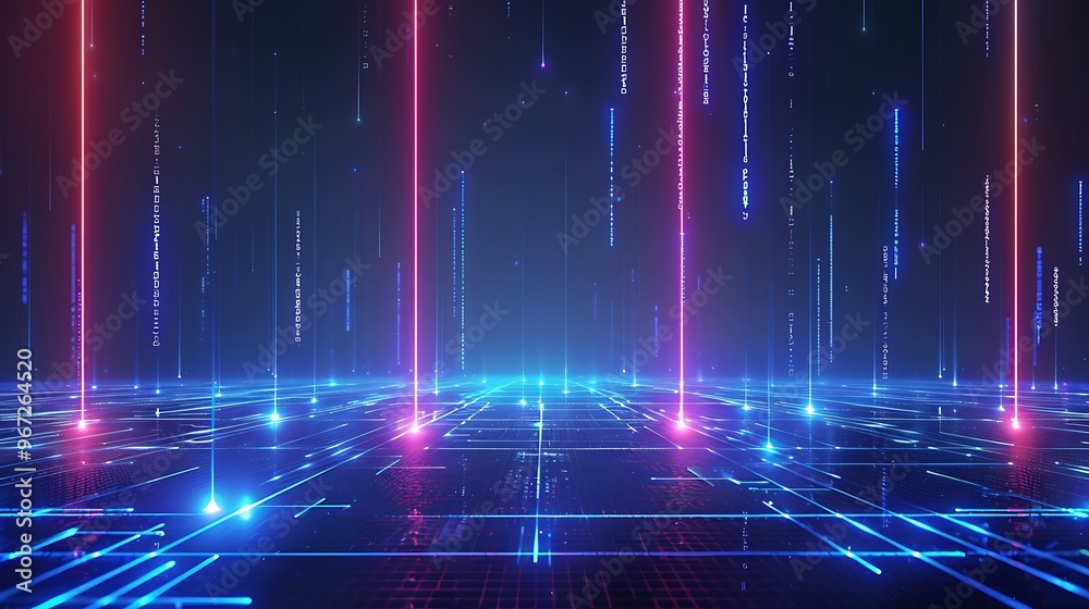 Futuristic digital landscape with glowing lines and beams of light creating a vibrant cybernetic atmosphere. Stage for product presentation. Futuristic digital landscape with glowing lines and beams of light creating a vibrant cybernetic atmosphere. Stage for product presentation.
