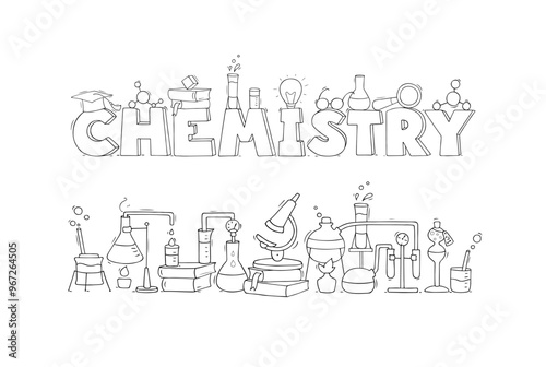 Science concepts - word Chemistry  with laboratory equipment for tests and experiments. Banner set for education, scientific or pharmacy lab with glass beakers, books, mignifier glass, vector doodle i