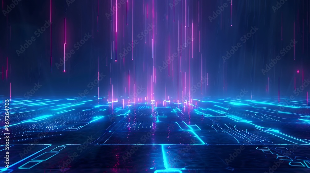 Futuristic digital landscape with glowing lines and circuits, showcasing a vibrant technology environment. Stage for product presentation. Futuristic digital landscape with glowing lines and circuits, showcasing a vibrant technology environment. Stage for product presentation.