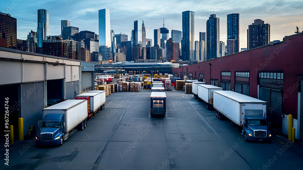 Obraz premium Multiple trucks lined up outside a busy urban warehouse, surrounded by skyscrapers, with goods being prepared for delivery to city businesses