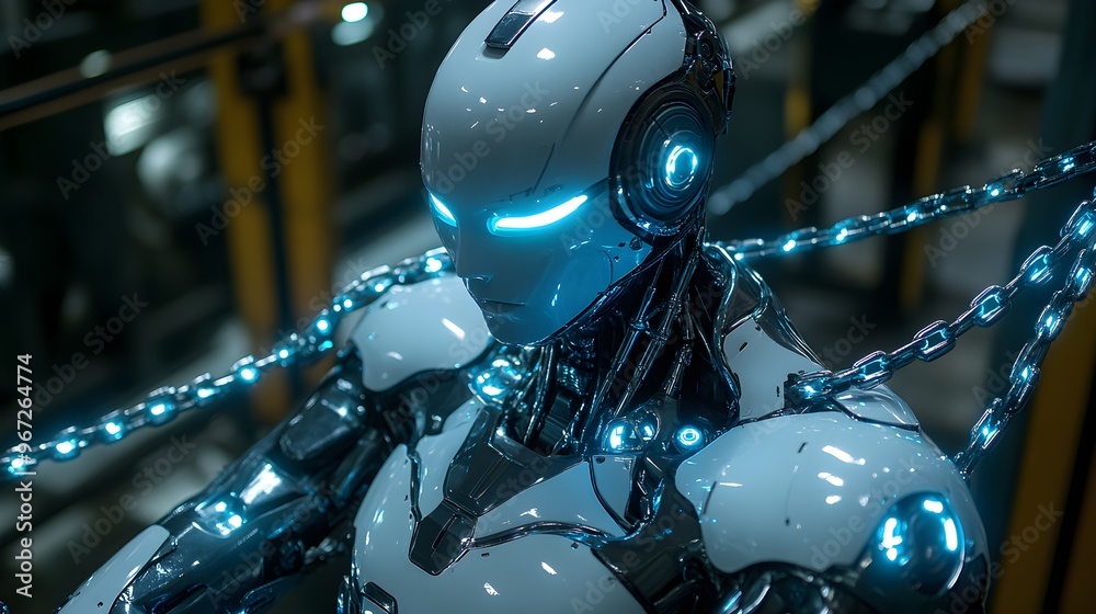 A futuristic robot tightly bound by glowing chains representing human rights laws, reflecting the ethical boundaries AI must navigate selective focus, law and ethics theme, vibrant, Fusion, high-tech A futuristic robot tightly bound by glowing chains representing human rights laws, reflecting the ethical boundaries AI must navigate selective focus, law and ethics theme, vibrant, Fusion, high-tech