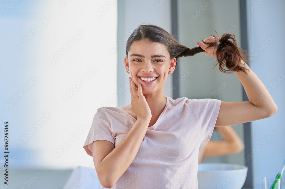 Hair care, woman and happy in bathroom for portrait, growth and grooming for texture. Female person, smile and aesthetic in home for salon treatment, length and maintenance for luxury and wellness Hair care, woman and happy in bathroom for portrait, growth and grooming for texture. Female person, smile and aesthetic in home for salon treatment, length and maintenance for luxury and wellness