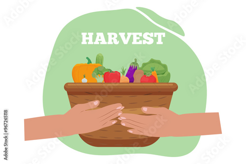 Agriculture and harvesting, fair . keep a basket of fresh vegetables. Vector illustration