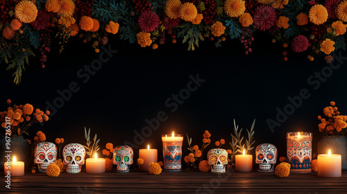 Day of the Dead altar with lit candles, marigolds, and intricately decorated sugar skulls photo