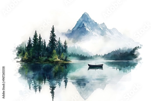 Watercolor painting of landscape with fisheman in a boat. in watercolor style. Watercolor illustration