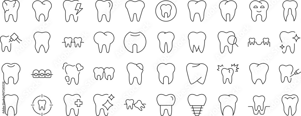 Pack of Line Icons of Tooth. Editable Stroke. Minimalistic Linear Pictogram for Design of Cards, Apps, Banners, Posts