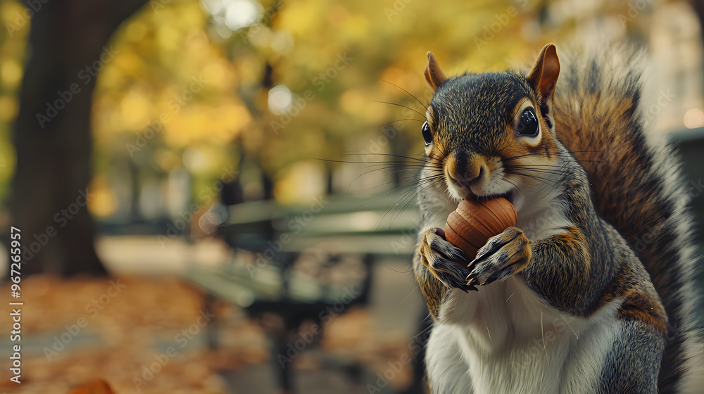 Close-Up of a Squirrel with Cheeks Full of Acorns Sitting on a Branch in a City Park with a Blurred Background Close-Up of a Squirrel with Cheeks Full of Acorns Sitting on a Branch in a City Park with a Blurred Background
