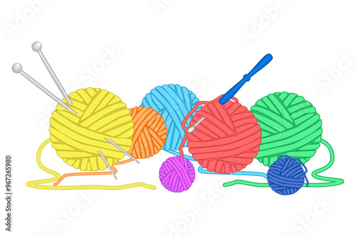Balls of yarn for knitting and crochet isolated on white background.Thread yarn with knit needles and crochet hook.Knitting threads.Needlework, handwork, hobby or diy concept.Stock vector illustration
