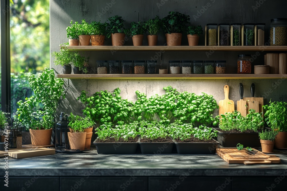 A cozy, urban kitchen with gardening setups featuring homegrown microgreens and fresh herbs. Generative AI A cozy, urban kitchen with gardening setups featuring homegrown microgreens and fresh herbs. Generative AI