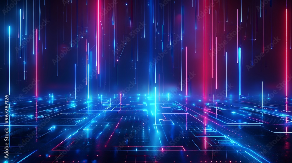 Futuristic digital landscape with neon lights, showcasing vibrant blue and red beams in a grid-like pattern. Stage for product presentation. Futuristic digital landscape with neon lights, showcasing vibrant blue and red beams in a grid-like pattern. Stage for product presentation.