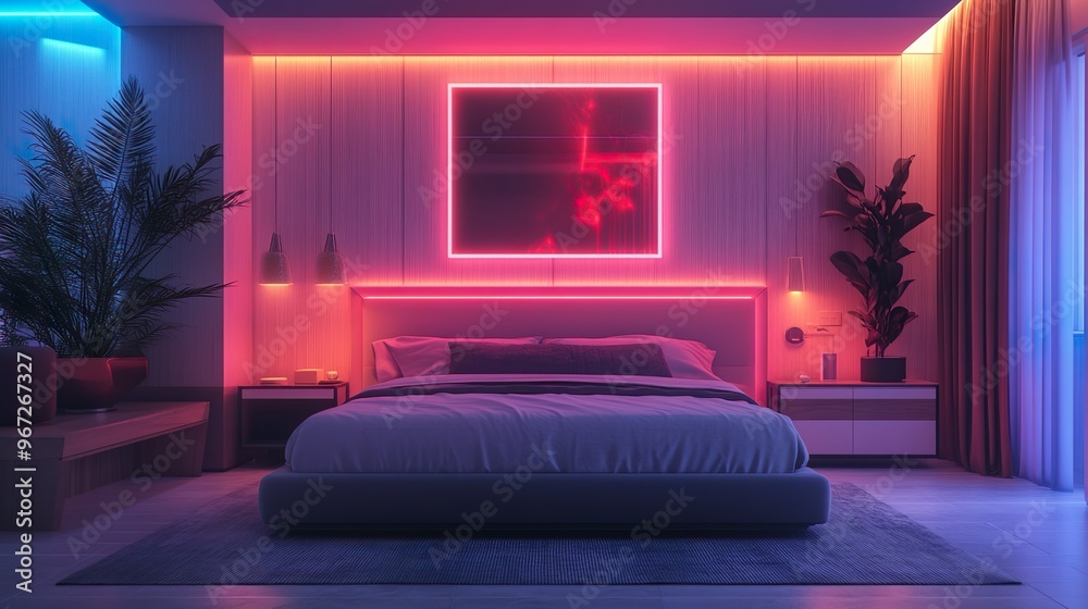 Contemporary bedroom with sleek lighting and plush bedding creating a modern and stylish atmosphere. Contemporary bedroom with sleek lighting and plush bedding creating a modern and stylish atmosphere.