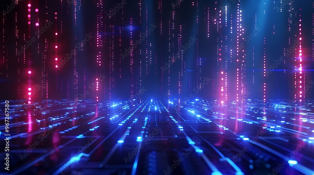 Futuristic digital landscape with vibrant blue and red lights, creating a mesmerizing technology-themed abstract environment. Stage for product presentation.
