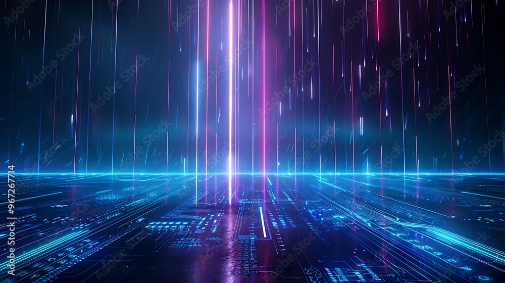 Futuristic digital landscape with vibrant lights and vertical beams, creating a mesmerizing technology backdrop. Stage for product presentation. Futuristic digital landscape with vibrant lights and vertical beams, creating a mesmerizing technology backdrop. Stage for product presentation.