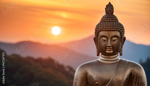 A serene Buddha statue glowing in the golden light of a peaceful sunset