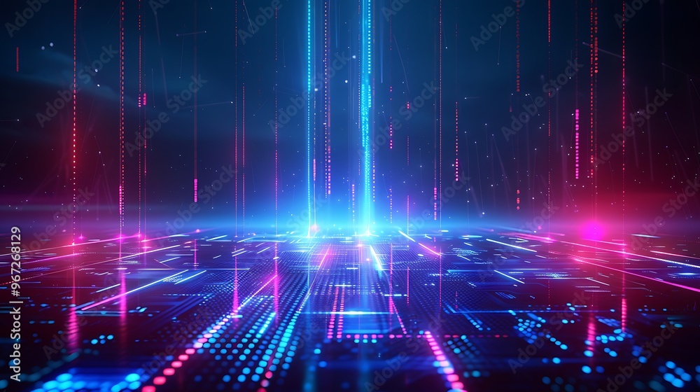 Obraz premium Futuristic digital landscape with vibrant neon lights and data streams representing technology and innovation. Stage for product presentation.