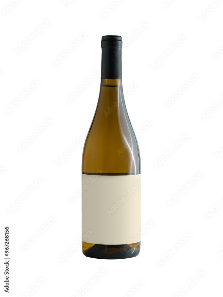 Bottle of white wine with a blank label with a transparent layer Bottle of white wine with a blank label with a transparent layer