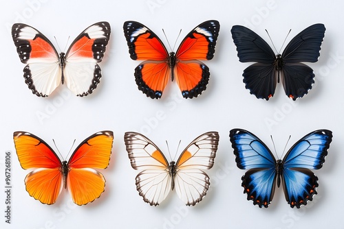 Collection of Six Vibrantly Colored Butterflies Displayed on a White Background