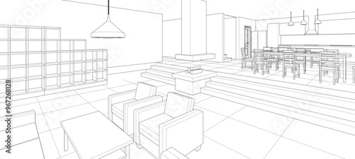 interior kitchen living room 3d illustration	
