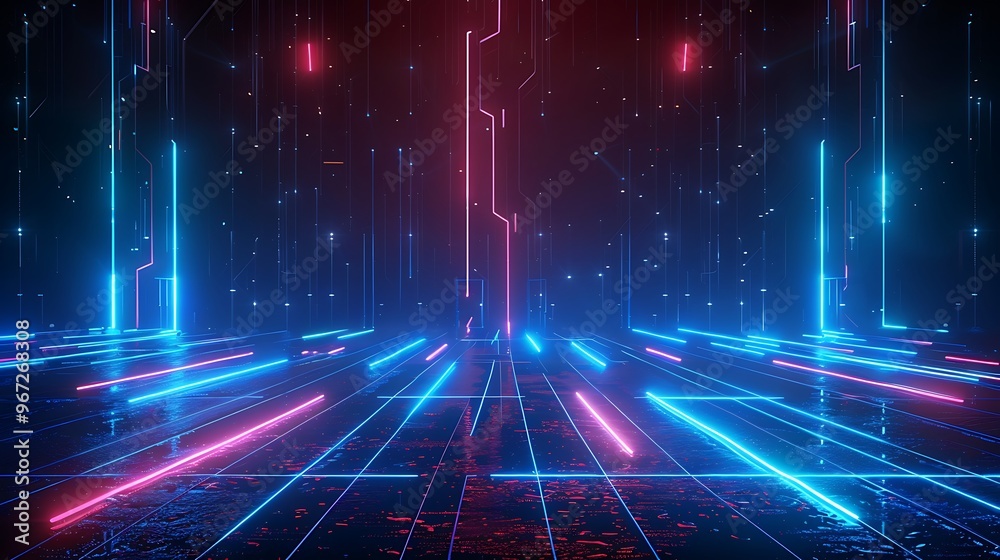Futuristic digital landscape with vibrant neon lights and glowing lines, creating a high-tech ambiance for various creative projects. Stage for product presentation. Futuristic digital landscape with vibrant neon lights and glowing lines, creating a high-tech ambiance for various creative projects. Stage for product presentation.