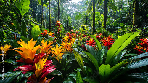 A secluded area of the Amazon rainforest showcasing a variety of rare plants with colorful, unusual blooms and unique leaf shapes 