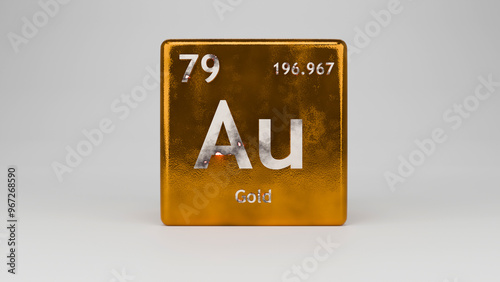 3D illustration of gold element with atomic number and atomic mass alongwith gold material