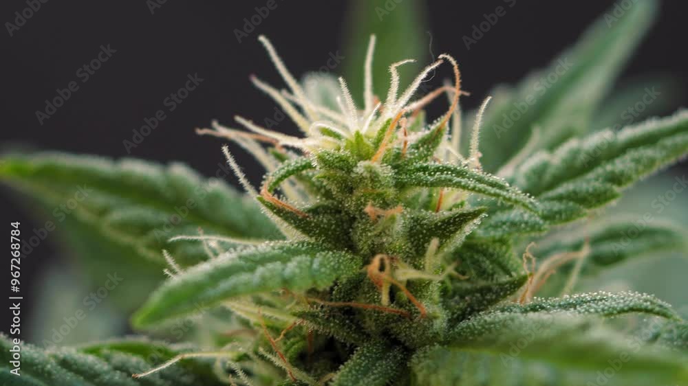 Medicine cannabis plant close up in golden summer light. Dark background. White trichomes on the plant can be seen. 4k . Medicine cannabis plant close up in golden summer light. Dark background. White trichomes on the plant can be seen. 4k .