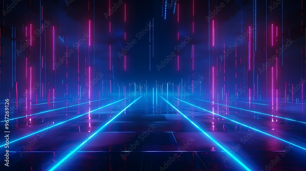 Futuristic digital scene with neon lights and glowing lines creating an immersive atmosphere of modern technology. Stage for product presentation.