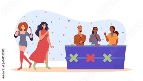 Singing contest concept. Women with microphones speak to jury. Contestant performing at scene. Entertainment television show. Flat vector illustration