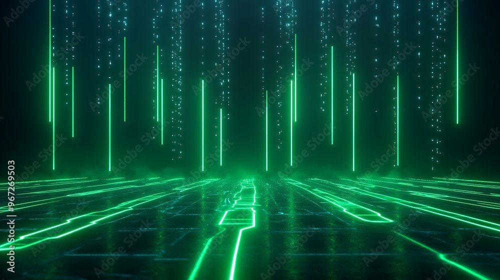 Futuristic green digital background with glowing lines and data streams, ideal for technology and cyber themes. Stage for product presentation.