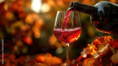 Red Wine Pouring into Glass with Autumn Leaves Background photo