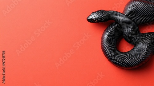 Festive snake coiling on a vibrant red background for Lunar New Year celebration with shimmering scales and playful S shape