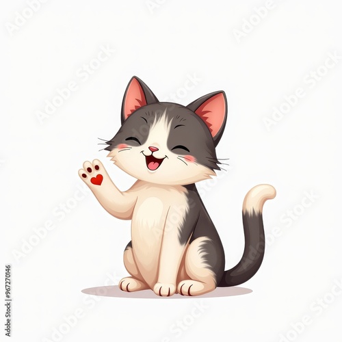 Cute Cartoon Cat Illustration Waving with Heart on Paw - Perfect for Children's Content, Greeting Cards, and Social Media