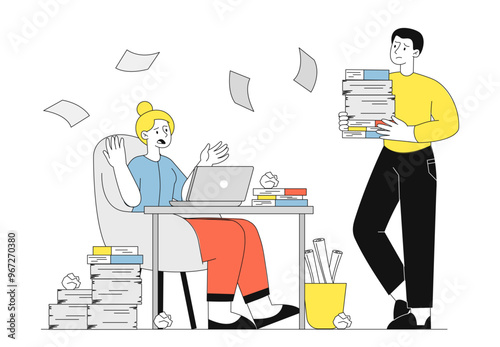 Overworked woman at work. Man brings stack of papers to young girl. Emotional burnout and stress. Tired businesswoman in office. Linear vector illustration