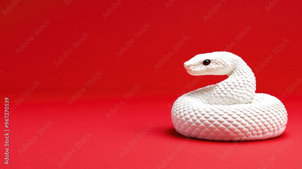 Fototapeta premium A charming white snake coiled elegantly on a vibrant red backdrop, perfect for Chinese New Year celebrations in a studio setting