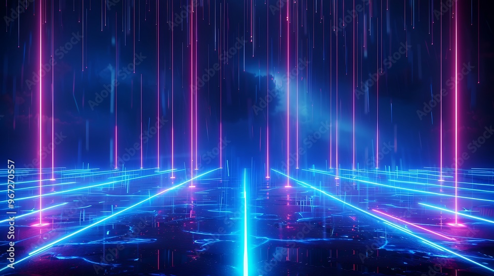 Futuristic neon landscape with glowing lines and beams, creating a mesmerizing digital scene full of vibrant colors and energy. Stage for product presentation. Futuristic neon landscape with glowing lines and beams, creating a mesmerizing digital scene full of vibrant colors and energy. Stage for product presentation.